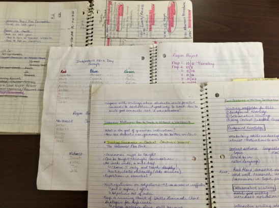 Some of my past notebooks, ranging from my first year in the classroom to last year.