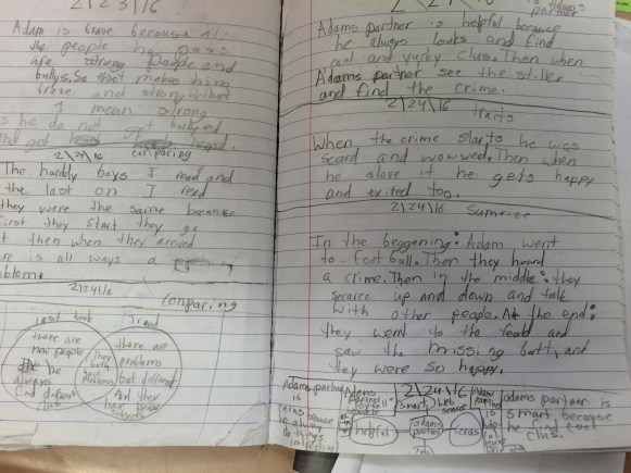 Starting in the middle of the left page, this student did six separate thinking strategies (all dated 2/24/16). She wrote about book similarities, created a comparison Venn diagram, described a secondary character, named out how a character changed, summarized, and created a character web and attempted to include text evidence.